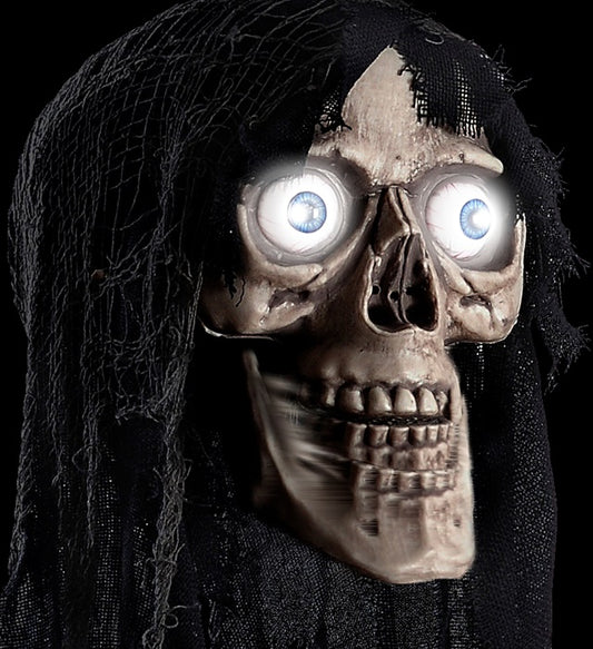 Talking Hooded Skull With Moving Jaw & Light Up Eyes Sound Sensor Activated - 70 Cm - Speaks 3 Different Rhymes