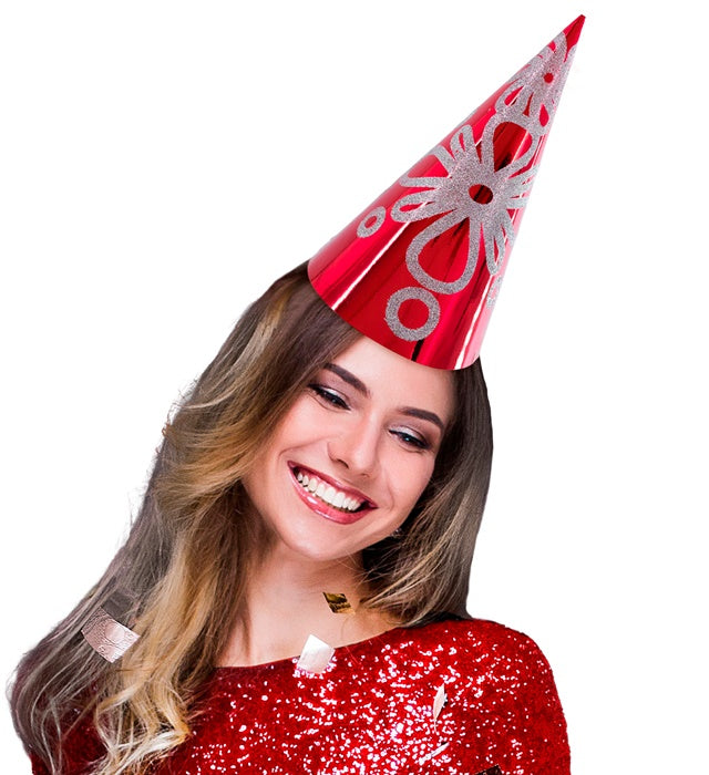 Decorated Metallic Cone Hat H 28 Cm - 4 Designs And 6 Colors Ass.