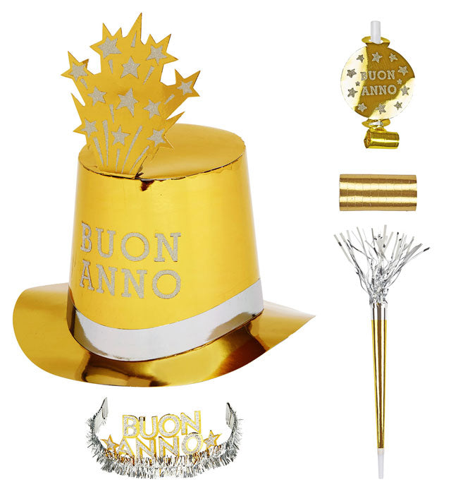 Gold Buon Anno Party Kit For 10 Persons 5 Top Hats, 5 Crowns, 5 Sounding Trumpets, 5 Sounding Blow-Outs, 1 Roll Of 10 Decorative Streamers
