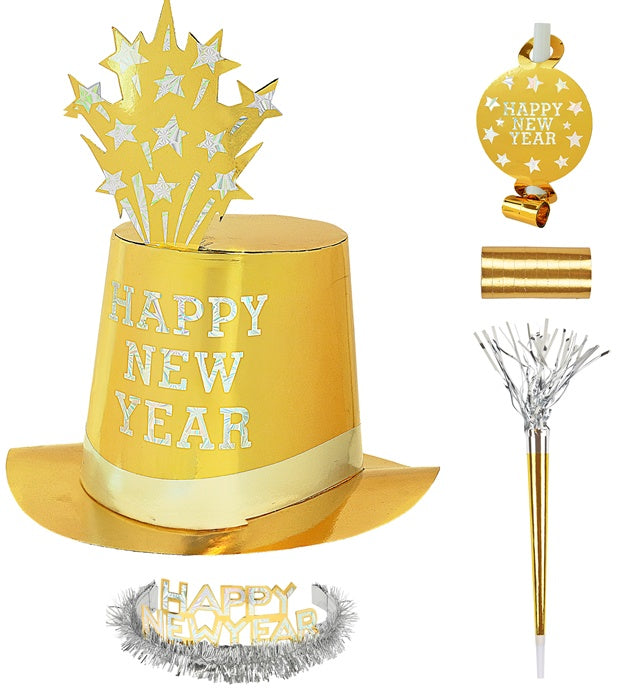 Gold Happy New Year Party Kit For 10 Persons 5 Top Hats, 5 Crowns,5 Sounding Trumpets, 5 Sounding Blow-Outs, 1 Roll Of 10 Decorative Streamers