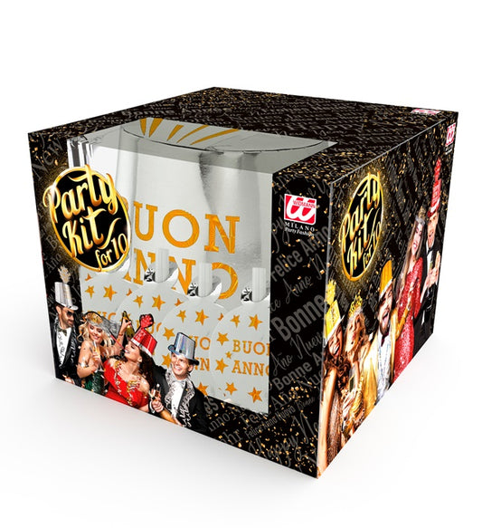 Silver Buon Anno Party Kit For 10 Persons 5 Top Hats, 5 Crowns, 5 Sounding Trumpets, 5 Sounding Blow-Outs, 1 Roll Of 10 Decorative Streamers