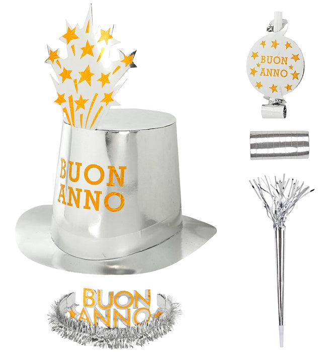Silver Buon Anno Party Kit For 10 Persons 5 Top Hats, 5 Crowns, 5 Sounding Trumpets, 5 Sounding Blow-Outs, 1 Roll Of 10 Decorative Streamers