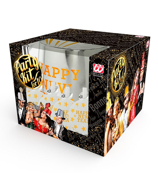 Silver Happy New Year Party Kit For 10 Persons 5 Top Hats, 5 Crowns, 5 Sounding Trumpets, 5 Sounding Blow-Outs, 1 Roll Of 10 Decorative Streamers