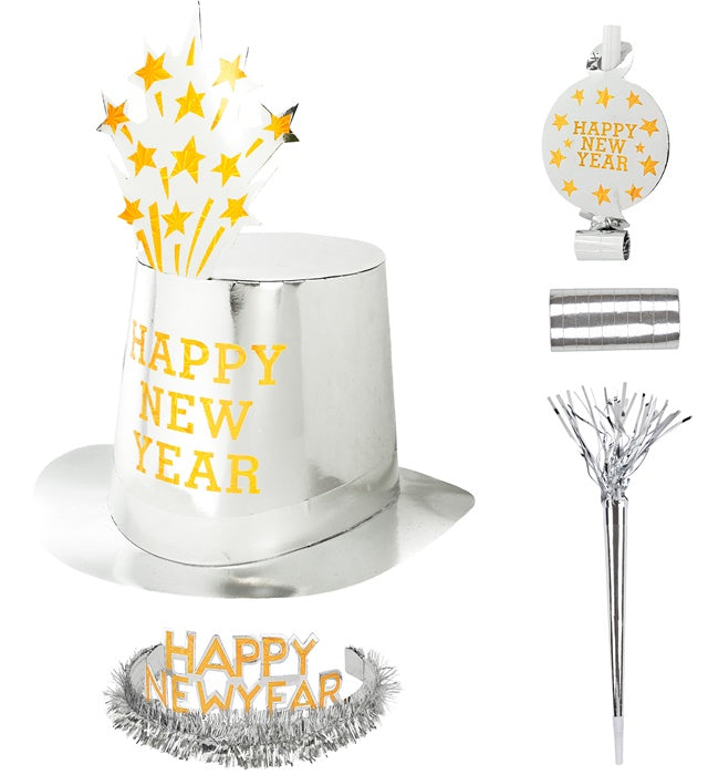 Silver Happy New Year Party Kit For 10 Persons 5 Top Hats, 5 Crowns, 5 Sounding Trumpets, 5 Sounding Blow-Outs, 1 Roll Of 10 Decorative Streamers