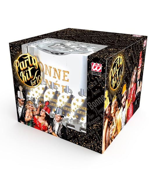 Silver Bonne Année Party Kit For10 Persons 5 Top Hats, 5 Crowns, 5 Sounding Trumpets, 5 Sounding Blow-Outs, 1 Roll Of 10 Decorative Streamers