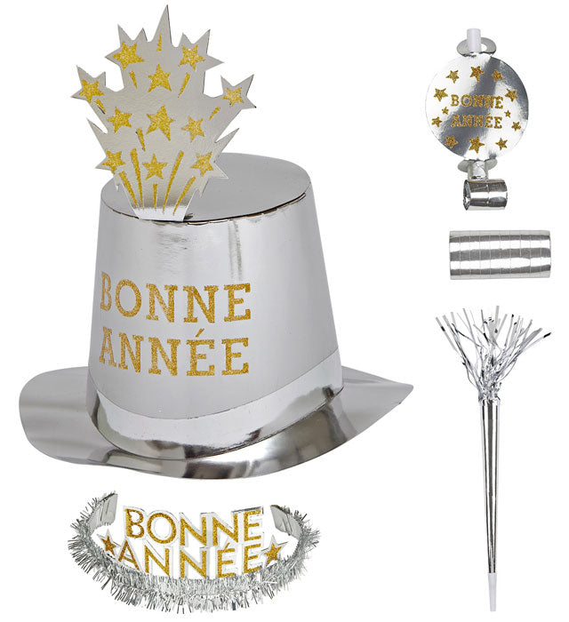 Silver Bonne Année Party Kit For10 Persons 5 Top Hats, 5 Crowns, 5 Sounding Trumpets, 5 Sounding Blow-Outs, 1 Roll Of 10 Decorative Streamers