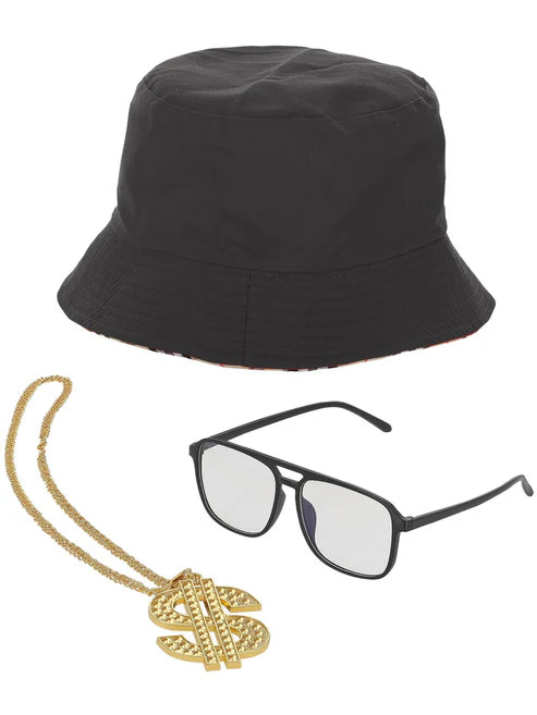 90s Rapper Kit Black Bucket Hat Specs Dollar Medallion