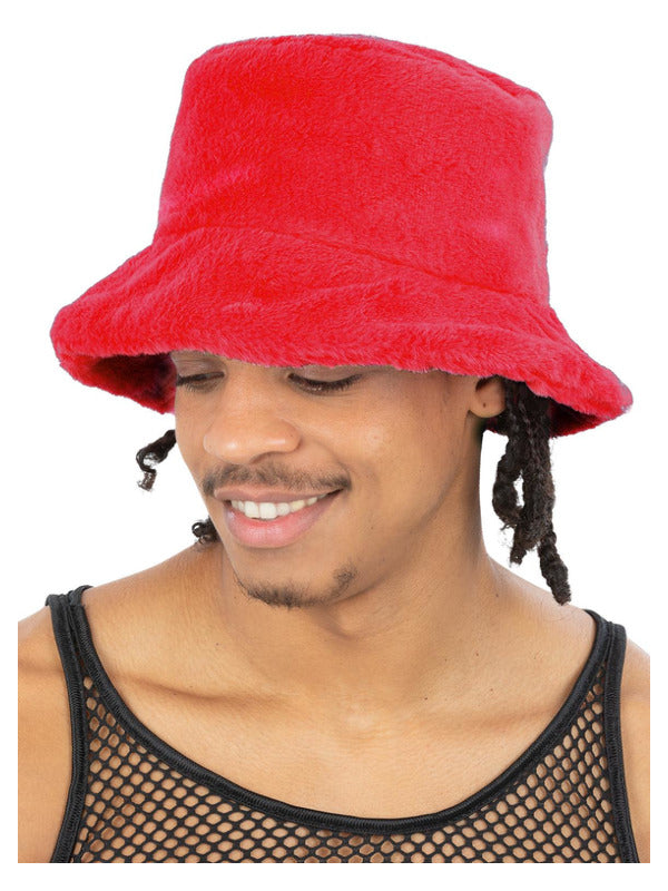 90s Red Fur Bucket Hat Hip Hop