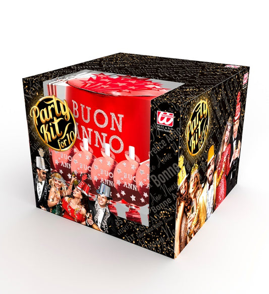 Red Buon Anno Party Kit For 10 Persons 5 Top Hats, 5 Crowns, 5 Sounding Trumpets, 5 Sounding Blow-Outs, 1 Roll Of 10 Decorative Streamers