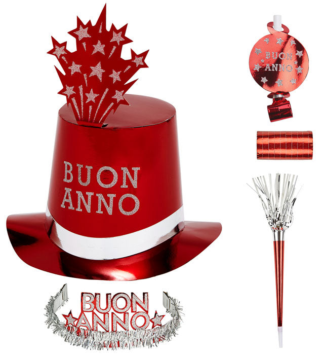 Red Buon Anno Party Kit For 10 Persons 5 Top Hats, 5 Crowns, 5 Sounding Trumpets, 5 Sounding Blow-Outs, 1 Roll Of 10 Decorative Streamers