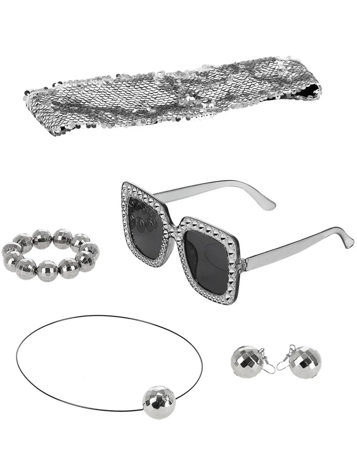 70s Disco Ball Jewellery Kit Headband Necklace Earrings Bracelet Glasses