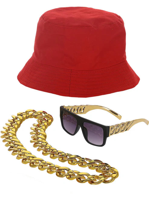 90s Hip Hop Kit Red Bucket Hat Specs Chain Necklace 3