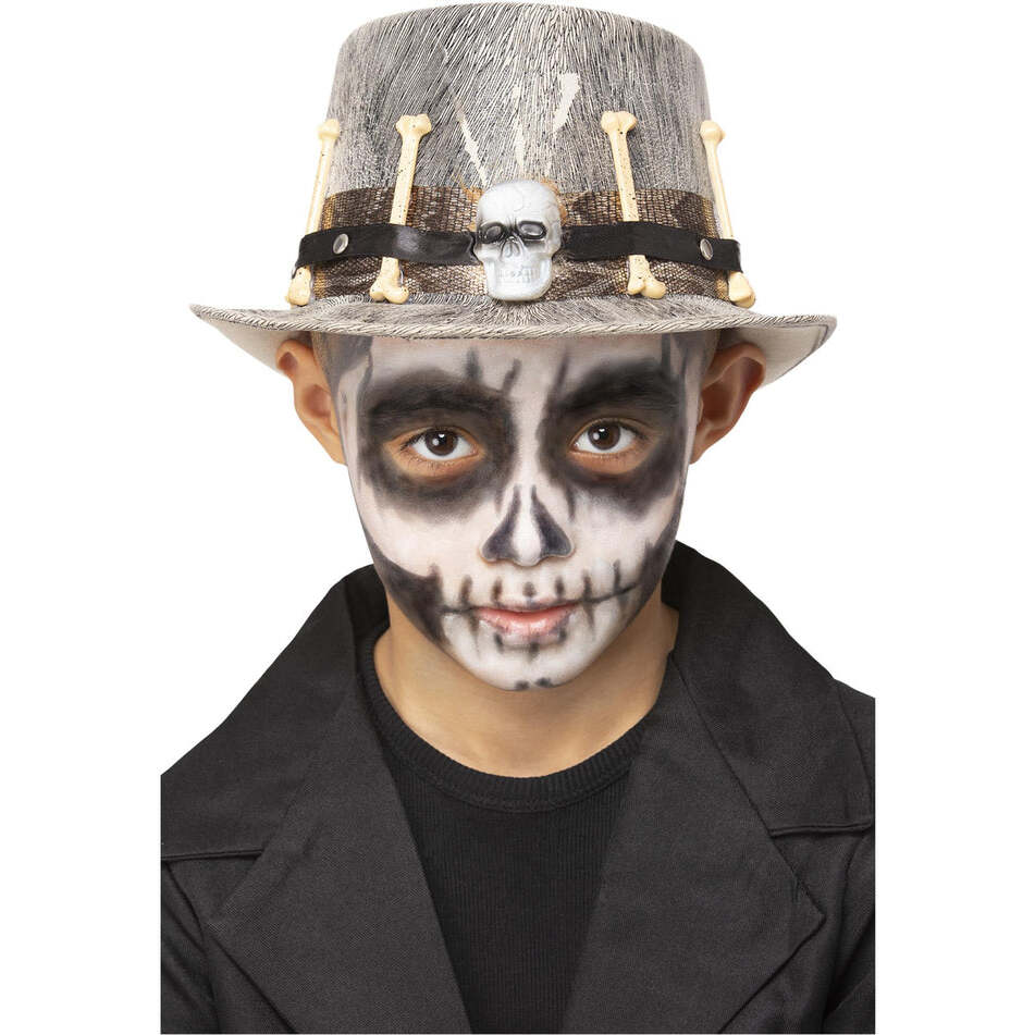 Kids Grey Voodoo Distressed Top Hat with Skull and Bones Detail Costume Accessory 1