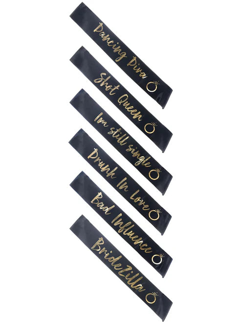Hen Party Funny Sashes 6 Pack Black and Gold