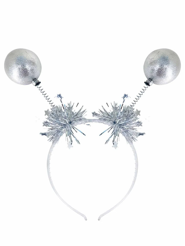 Silver Metallic Ball Bopper Headband with Tinsel Adult Costume Accessory