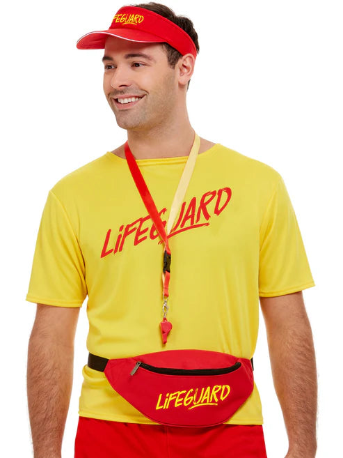 Lifeguard Accessory Kit Red Visor Bumbag Whistle Unisex Baywatch Style