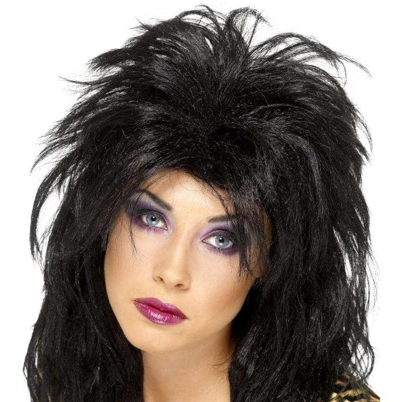 80s Popstar Wig Long Black Tousled Mullet 1