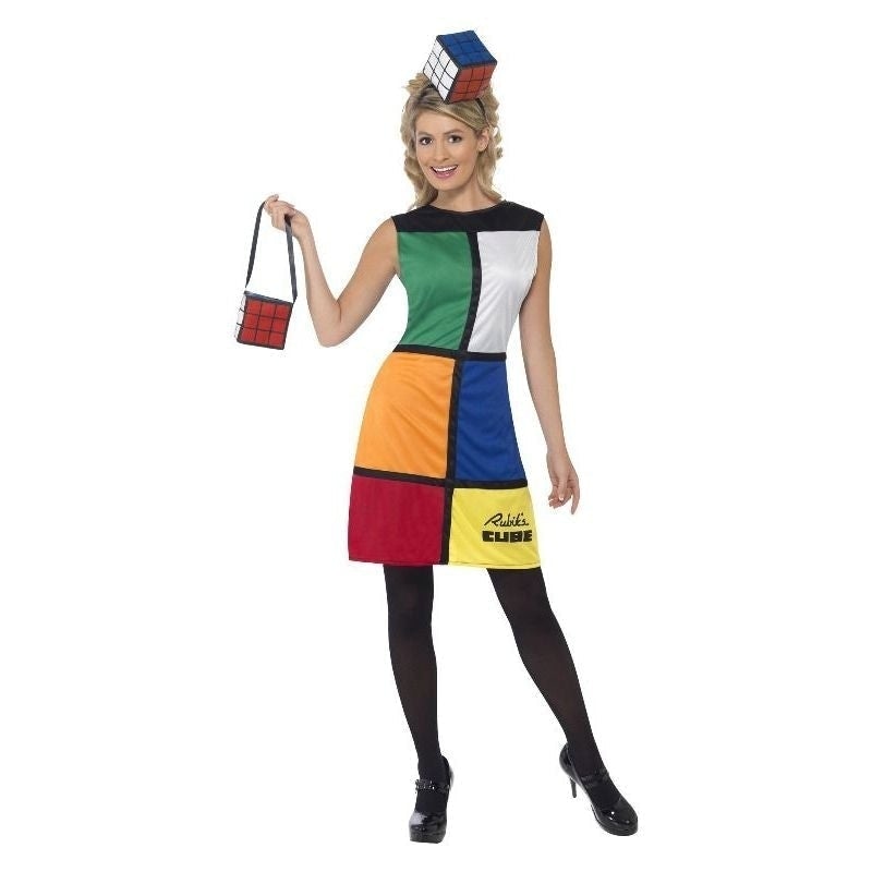 80s Rubiks Cube Costume Adult Multi Coloured Dress Bag Headband_3