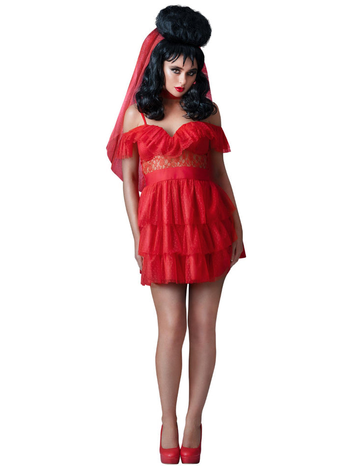 Smiffys Beetlejuice Lydia Bride Adult Costume Dress and Veil in Red with See-Through Sleeves Official Warner Brothers Licensed Halloween Costume with