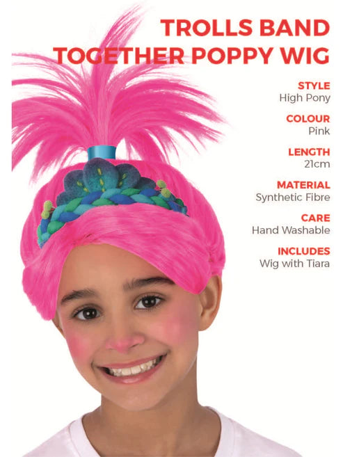 Trolls Band Together Poppy Wig with attached Tiara for Girls