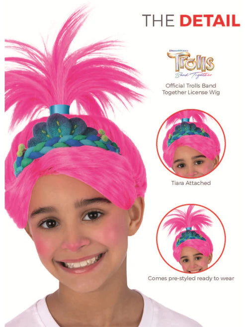 Trolls Band Together Poppy Wig with attached Tiara for Girls