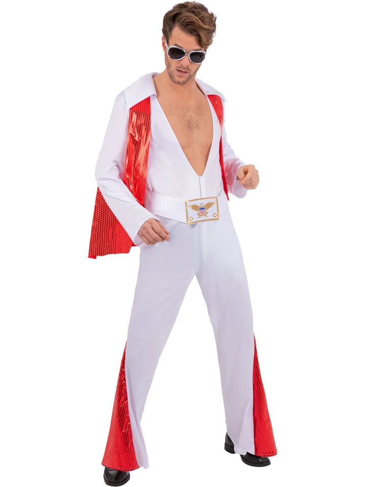 Elvis White Jumpsuit All in One Costume with Cape Adult