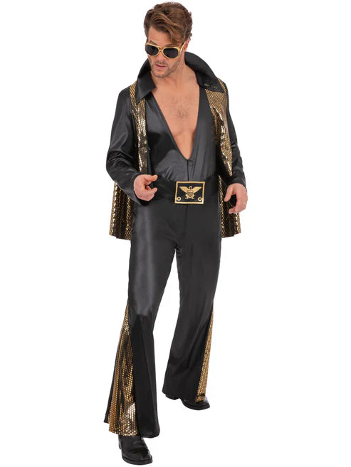 Elvis Black Jumpsuit All In One Costume with Gold Details Cape Adult