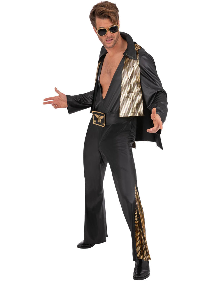 Elvis Black Jumpsuit All In One Costume with Gold Details Cape Adult