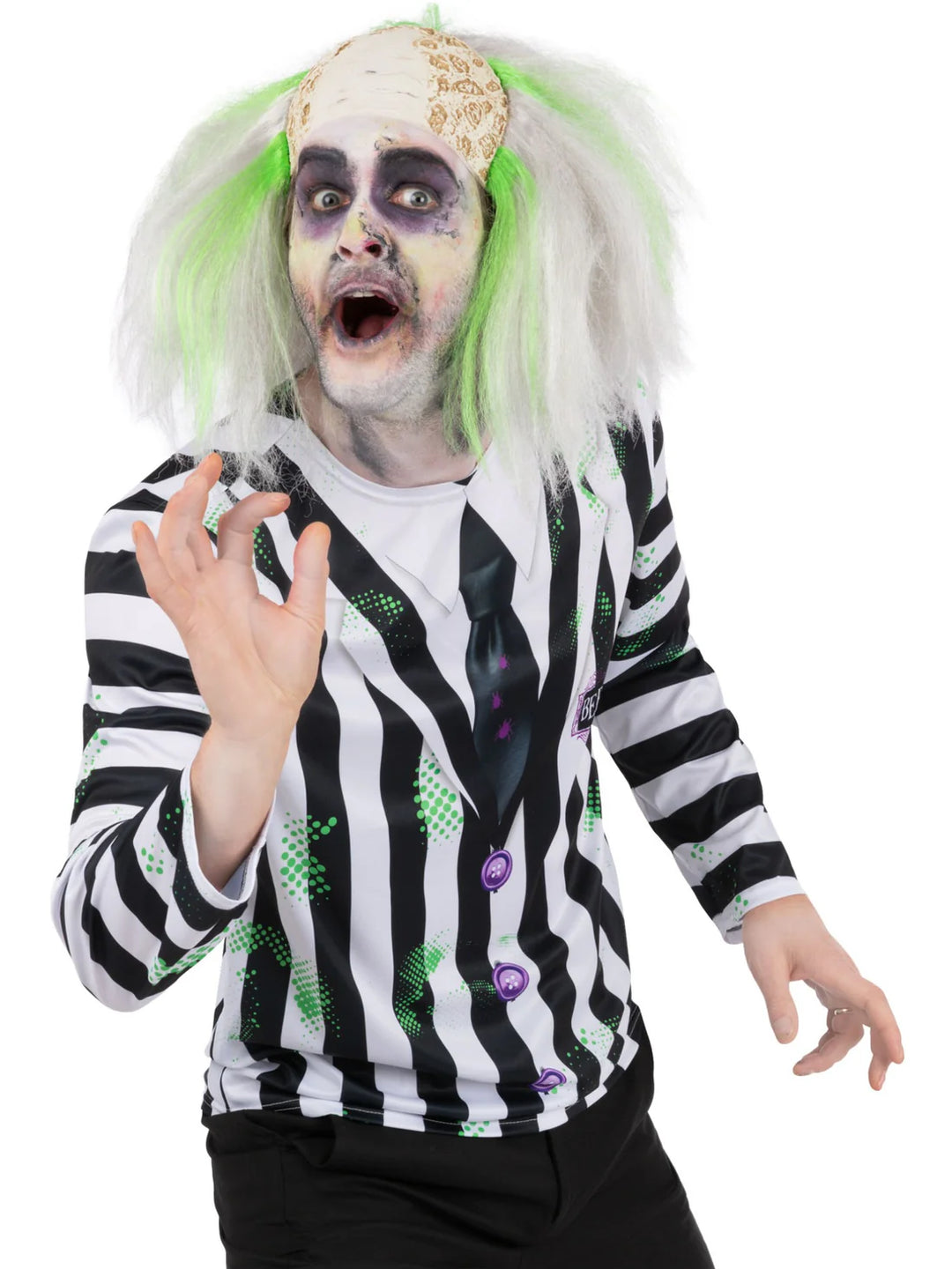 Beetlejuice Top with Printed Stripes Mock Shirt and Tie Adult