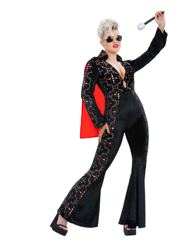 Elvis Black Rhinestone Costume Jumpsuit Costume with Red Cape for Women