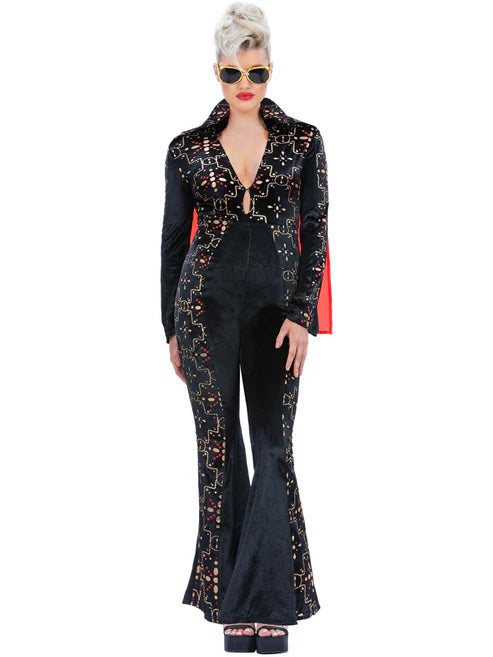 Elvis Black Rhinestone Costume Jumpsuit Costume with Red Cape for Women