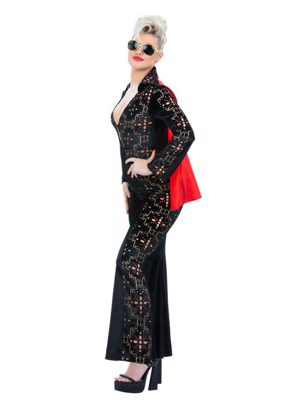 Elvis Black Rhinestone Costume Jumpsuit Costume with Red Cape for Women