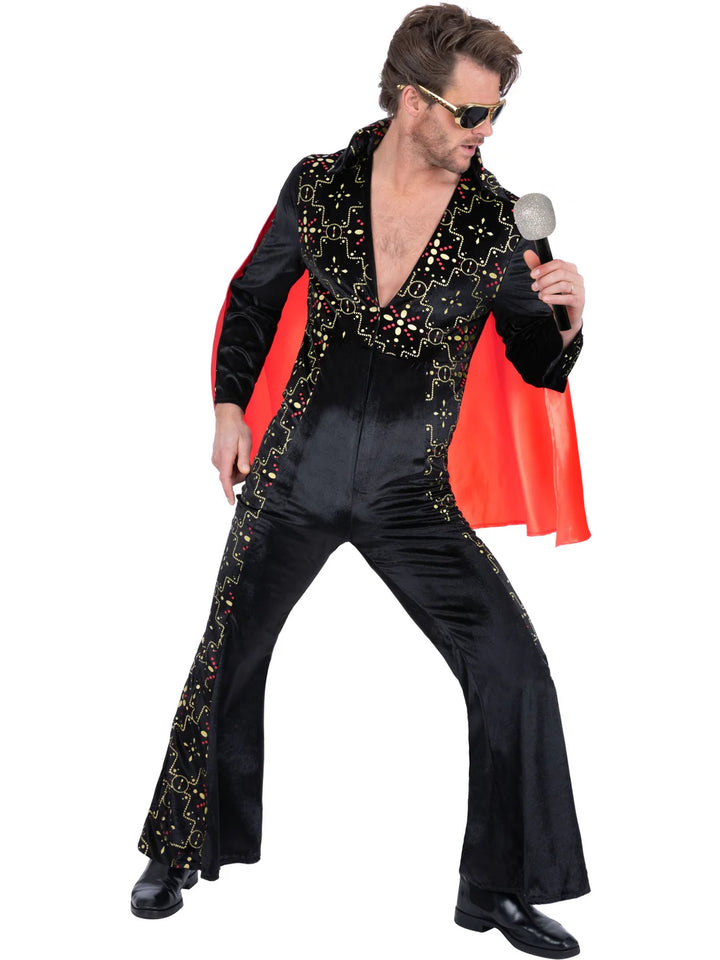 Elvis Black Rhinestone Jumpsuit Costume with Red Cape for Men