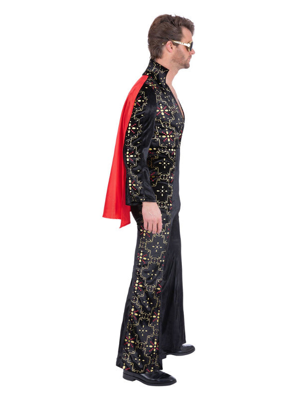 Elvis Black Rhinestone Jumpsuit Costume with Red Cape for Men