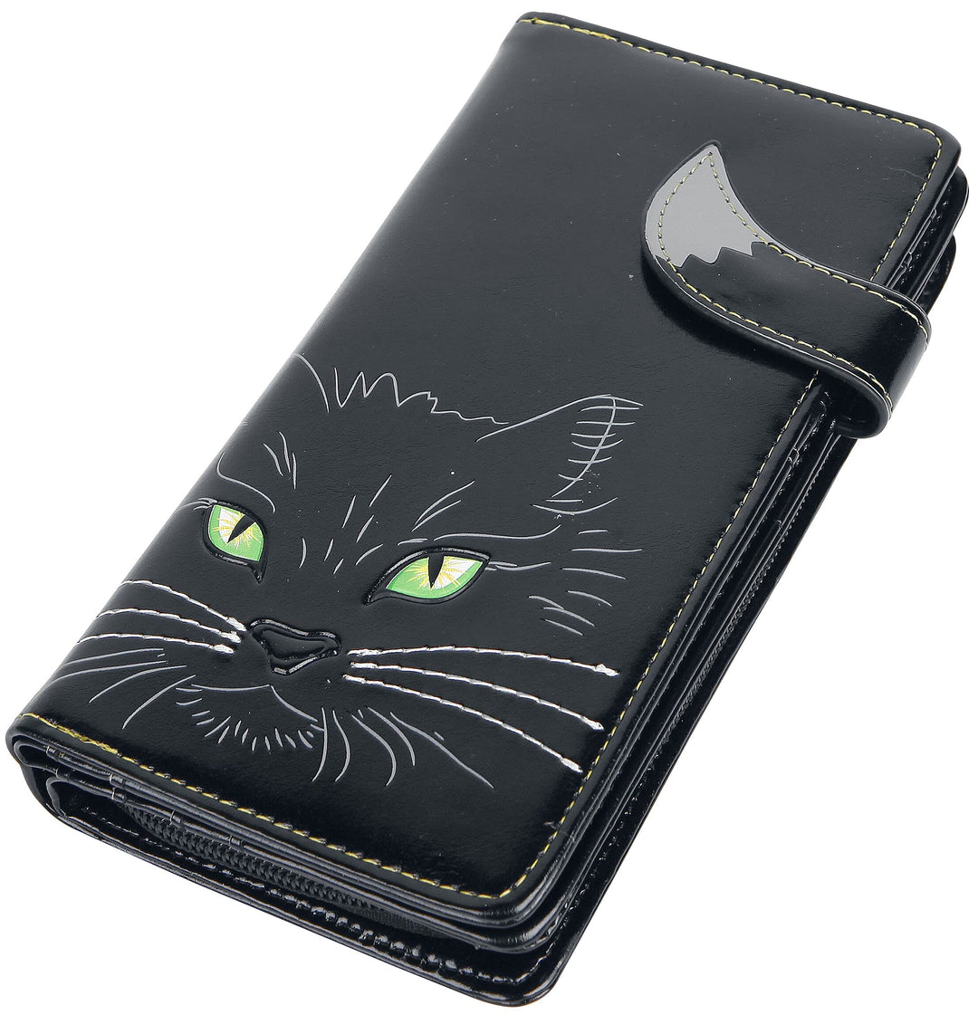 Black Lucky Cat Purse Embossed Eye Tail Wallet Large 18.5cm