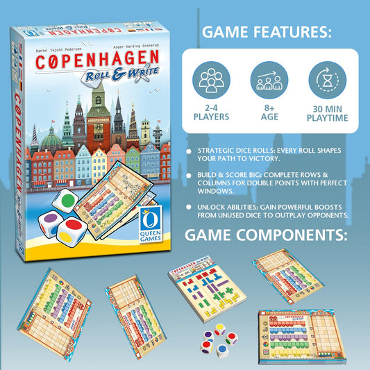 Queen Games Copenhagen Roll and Write Strategy Dice Game 2-4 Players, Family, Adults, Teens, Kids Ages 8+, 30 Minute Gameplay 2