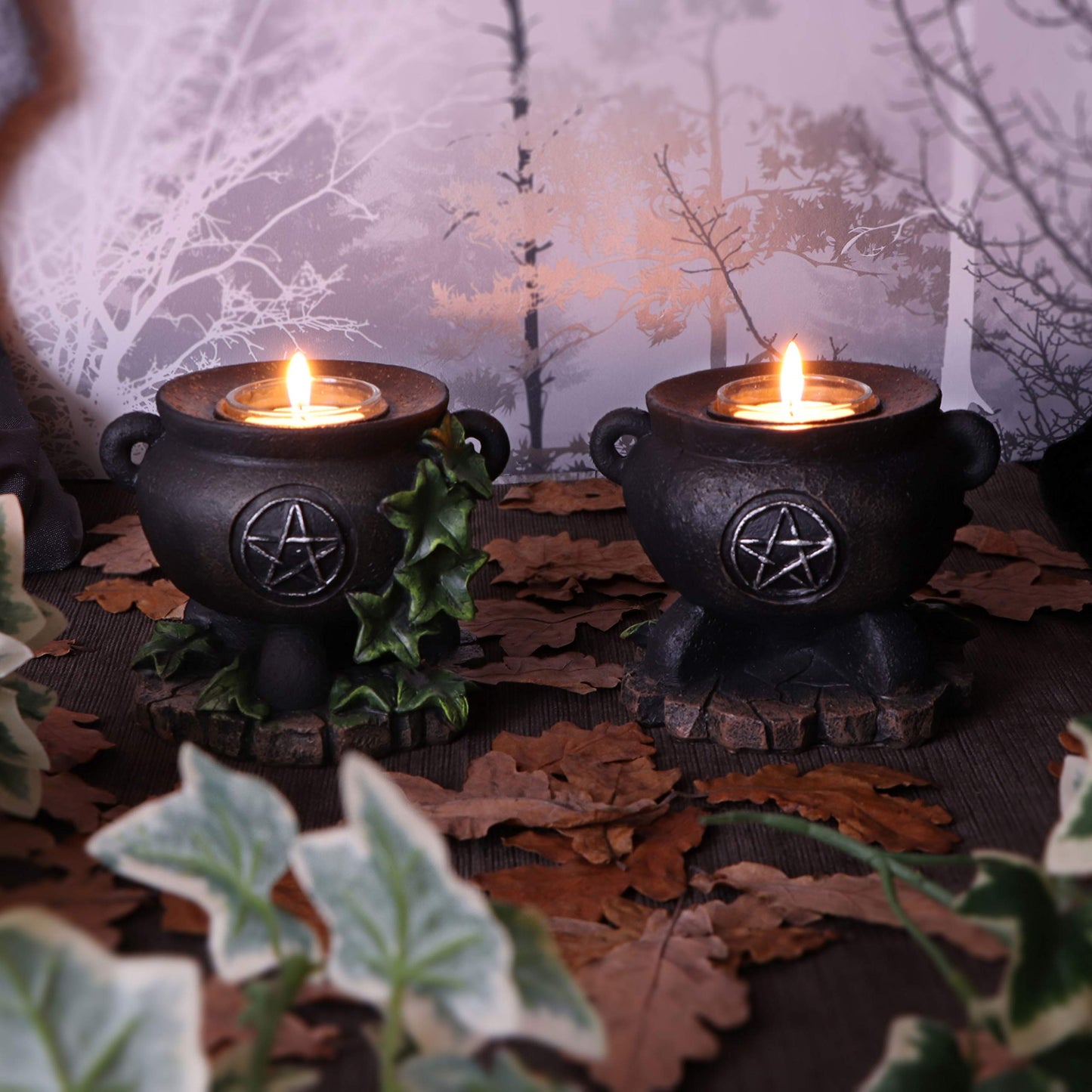 Set of Two Ivy Cauldron Witches Candle Holders 11cm Holder 8