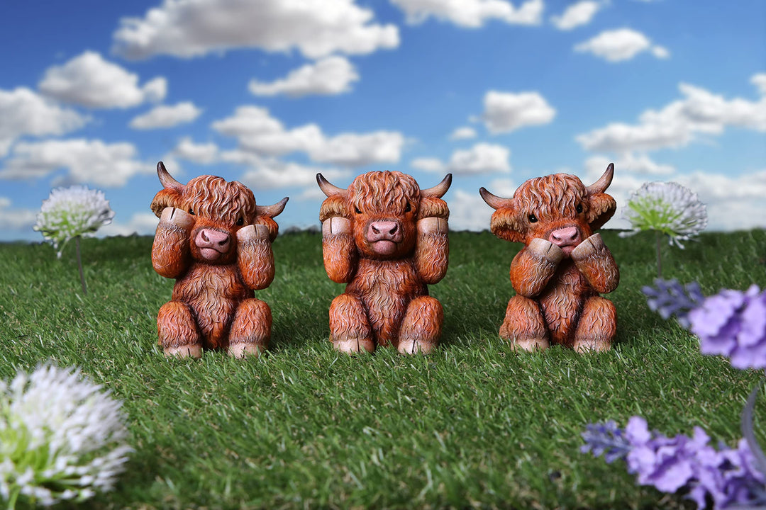 Three Wise Highland Cow Figurines Cows 9.6cm