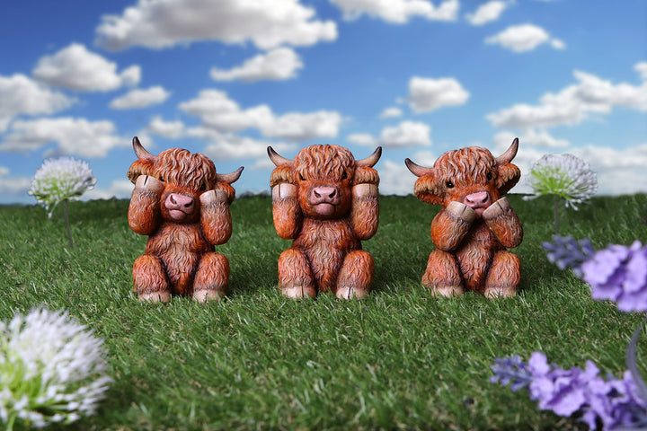 Three Wise Highland Cow Figurines Cows 9.6cm