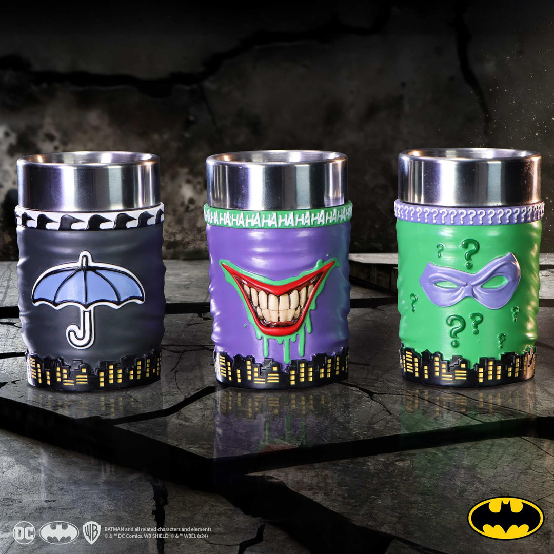 DC Batman Villain Mini Cup Set Featuring The Joker Riddler and Penguin Super-Villain Collectible