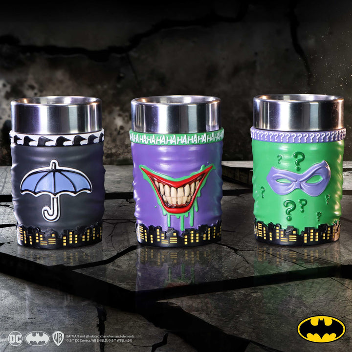 DC Batman Villain Mini Cup Set Featuring The Joker Riddler and Penguin Super-Villain Collectible
