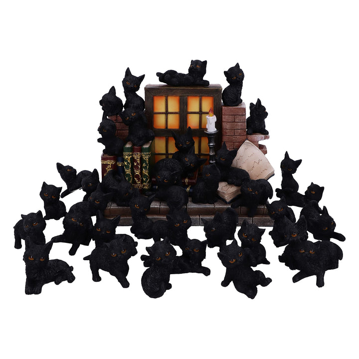 The Witches Litter Display of 36 Black Cat Familiars with a Decorated Stand 24.8cm