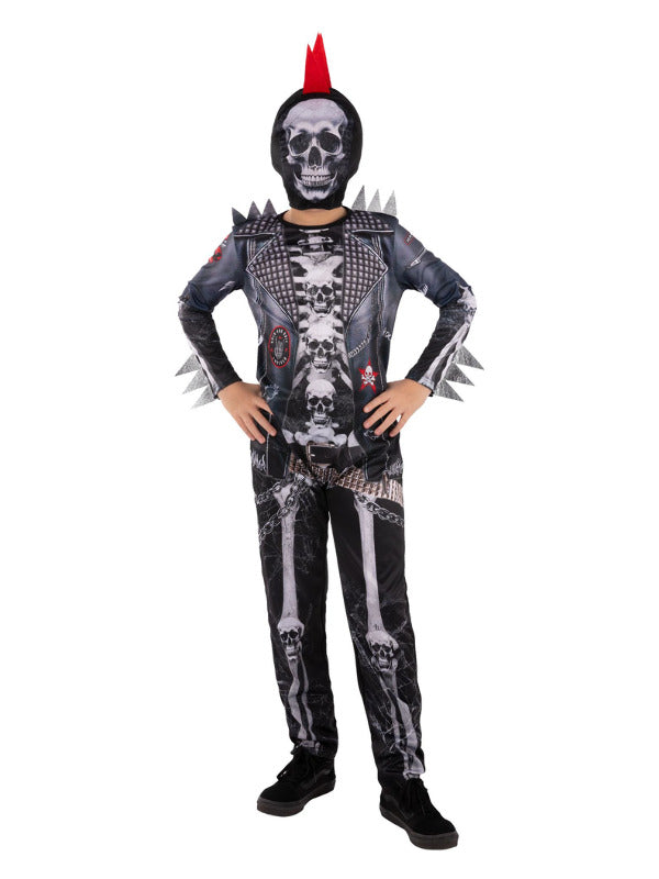Boys Punk Skeleton Costume All in One Jumpsuit with Hooded Mask
