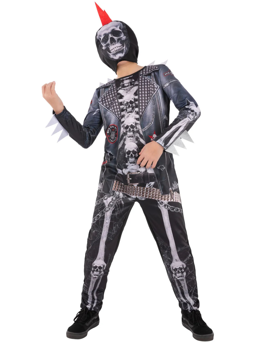 Boys Punk Skeleton Costume All in One Jumpsuit with Hooded Mask
