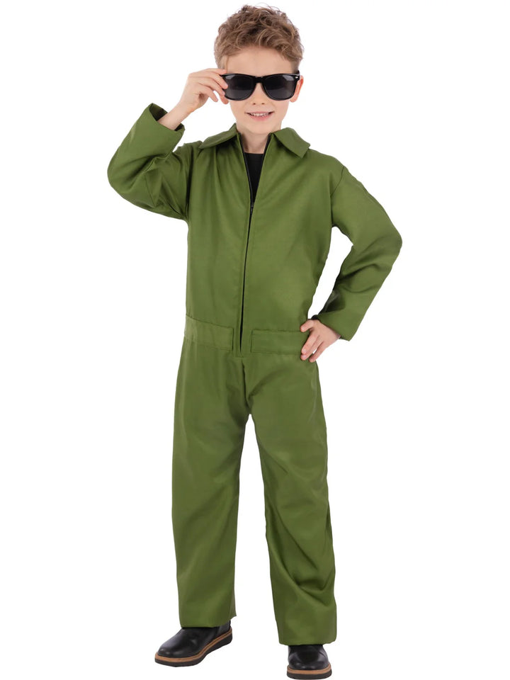 Green Boiler Suit Costume All in One Kids Unisex Top Gun Jumpsuit