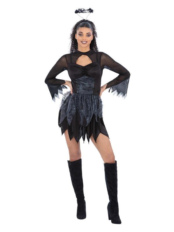 Fallen Dark Angel Costume Dress Wings and Halo for Women