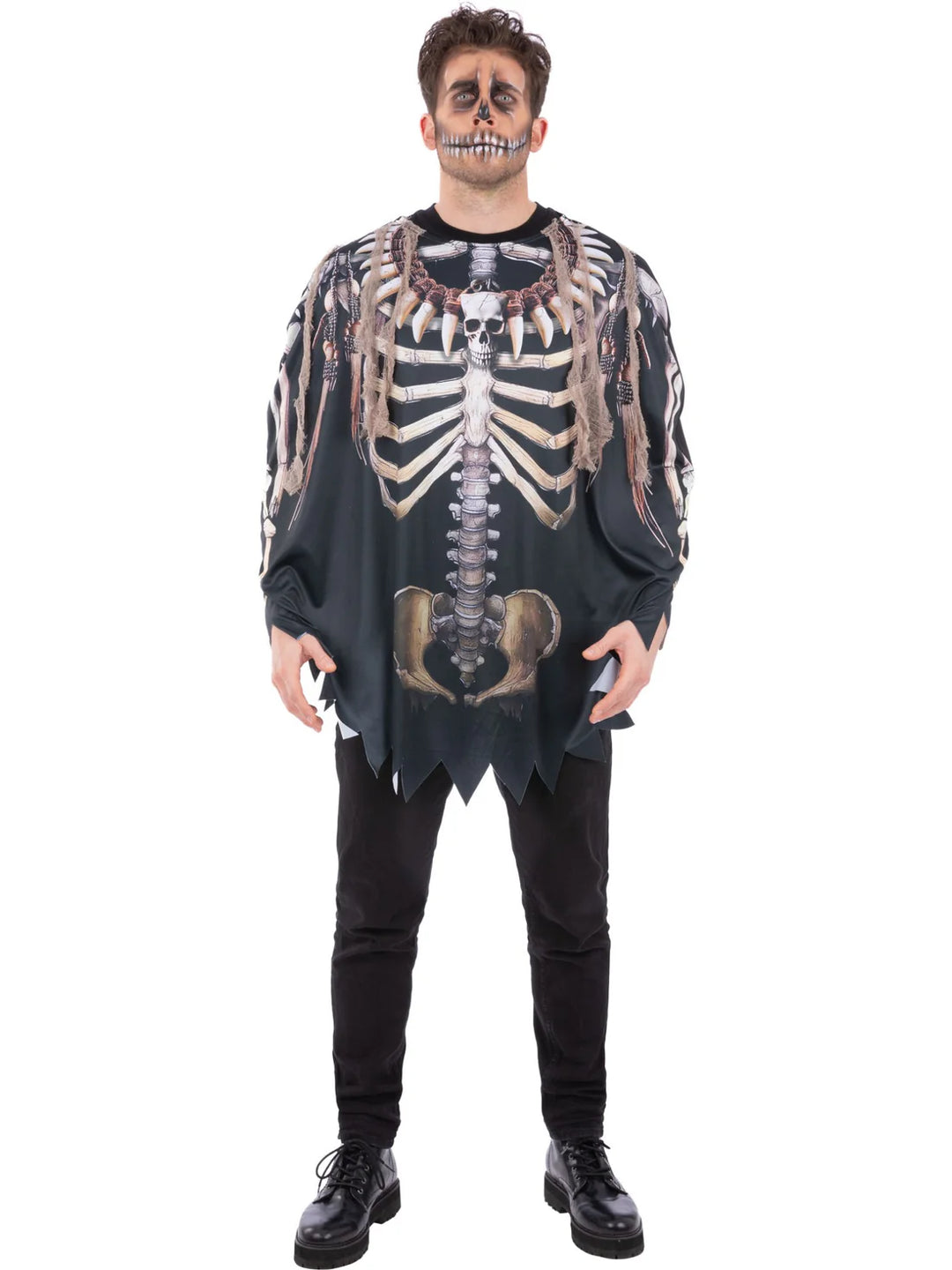 Voodoo Witch Doctor Poncho Adult One Size Skeleton Print