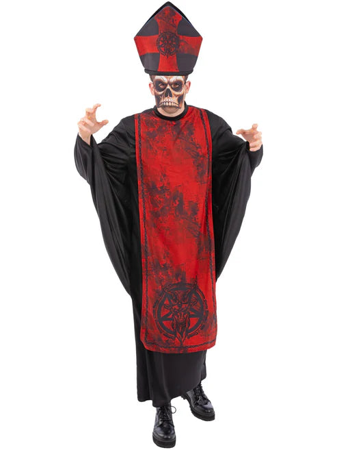 Cardinal Sin Costume Priest Robe and Hat with Attached Skeleton Mask
