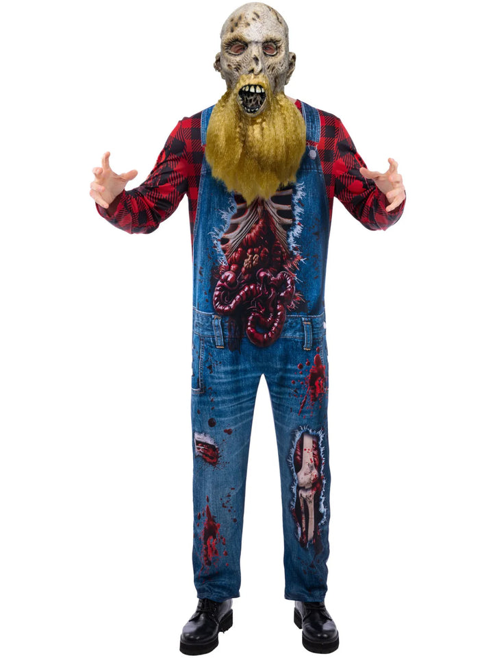 Hillbilly Zombie Costume Dungarees and Flannel Shirt Bearded Mask