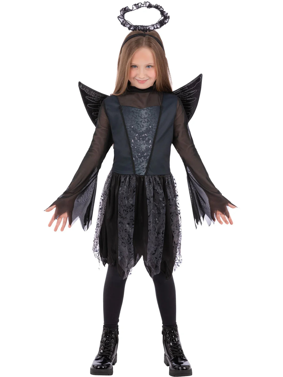 Dark Angel Costume Girls Dress with Wings and Lace Halo
